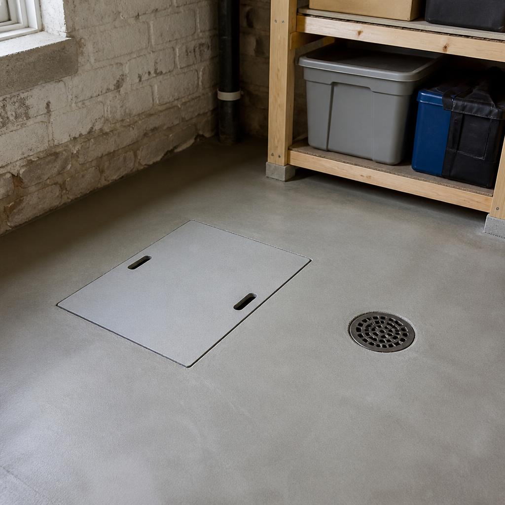 Illustrative accessible plumbing access cover in a restored basement concrete floor.