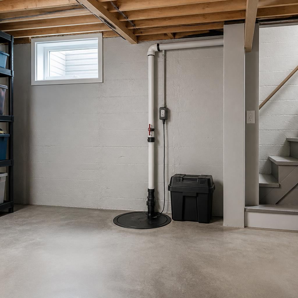 Covered sump basin, discharge pipe and backup equipment in a clean Ottawa basement utility area
