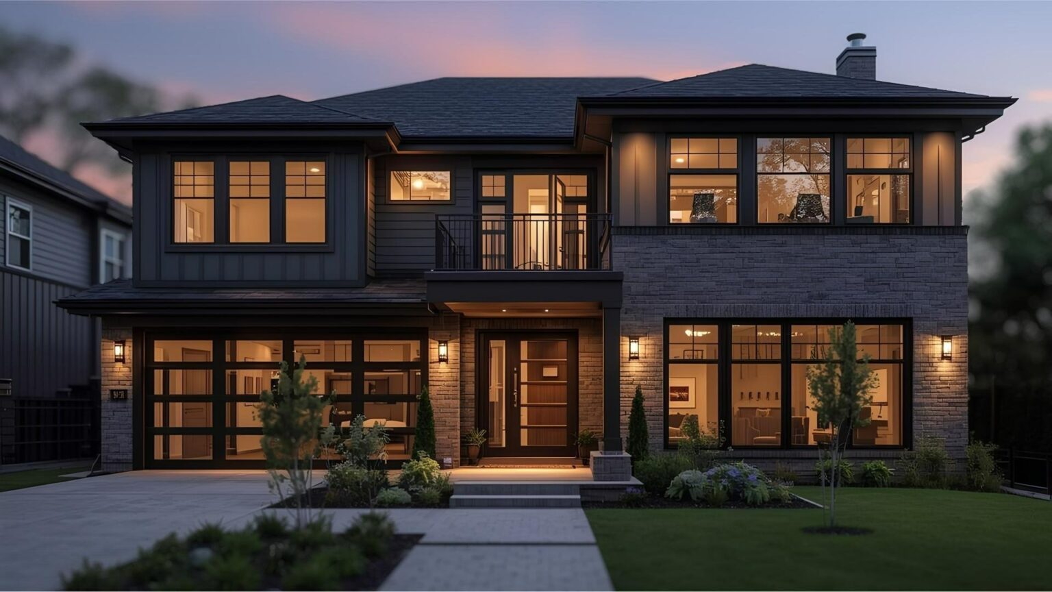 Modern dark-clad home photographed at dusk