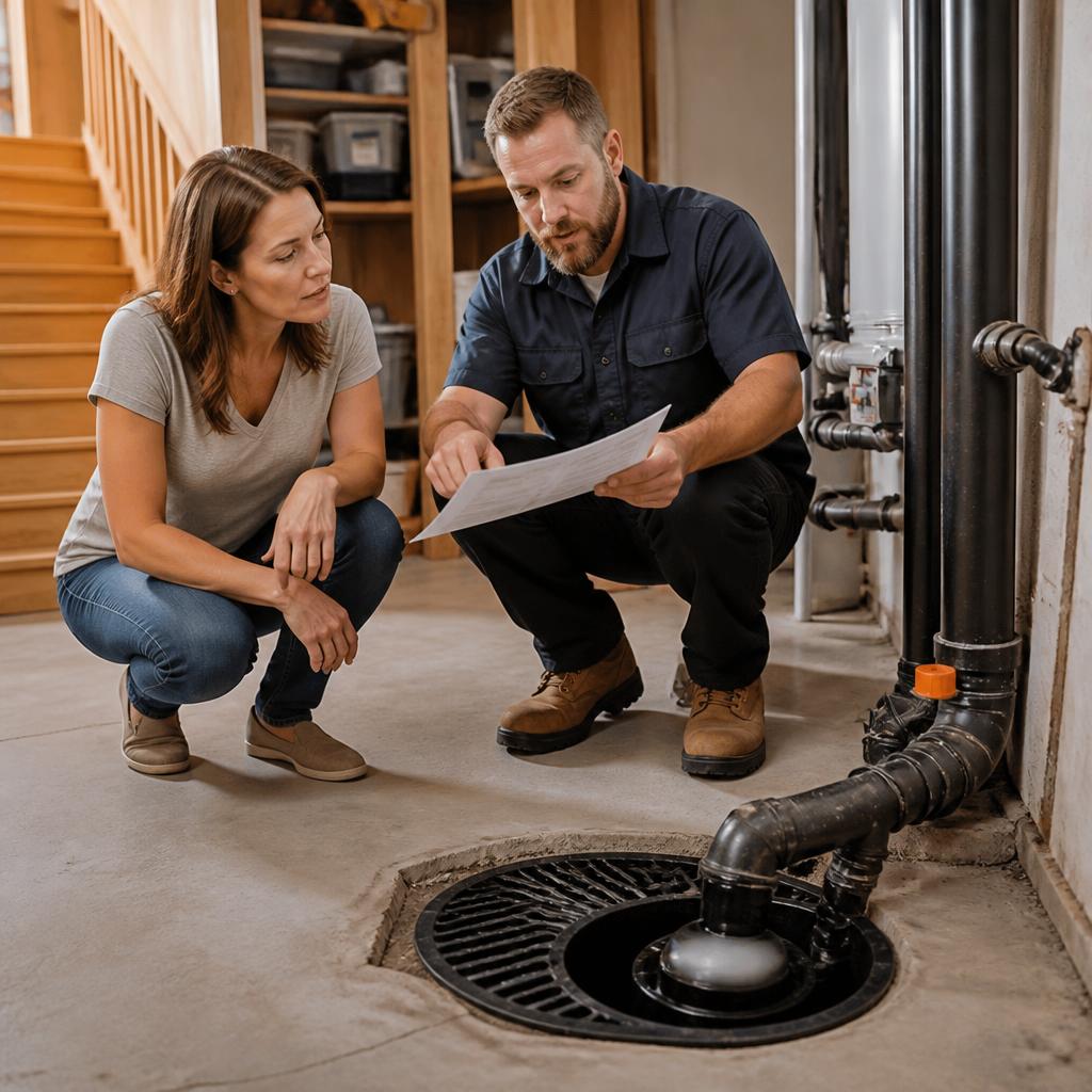 Illustrative homeowner and plumbing professional reviewing a backwater valve project estimate in a basement.