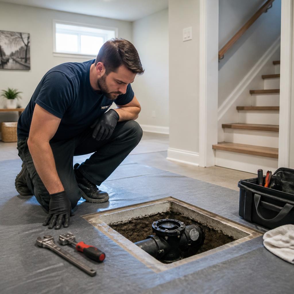Illustrative view of a plumber assessing a basement drain access point before a backwater valve project.