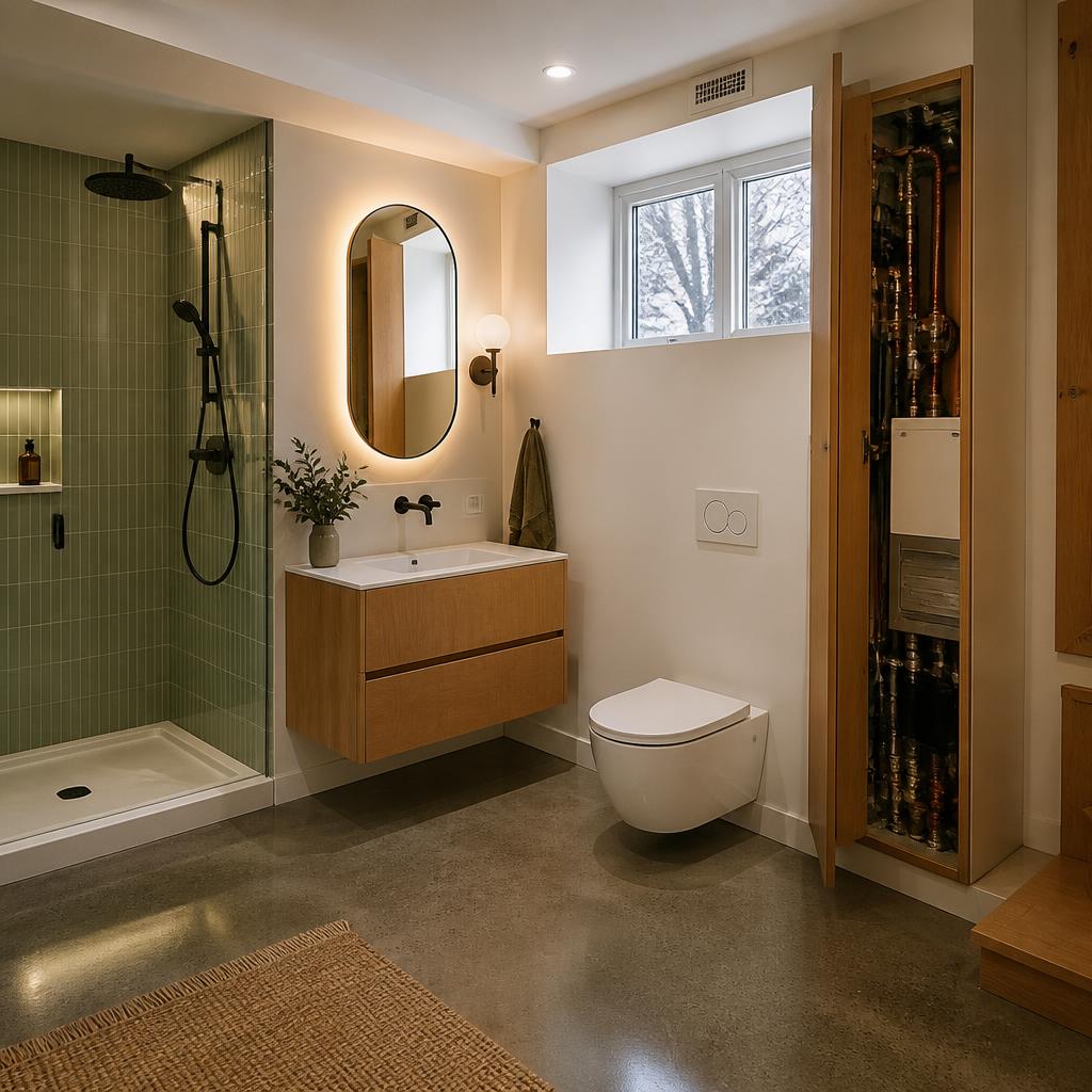 Contemporary Ottawa basement bathroom with walk-in shower, wall-hung vanity, and accessible mechanical service cabinet