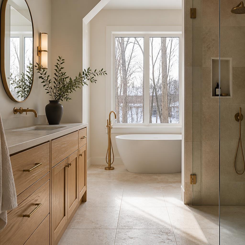 Warm contemporary bathroom renovation with oak vanity, brass fixtures, shower, and Ottawa winter light