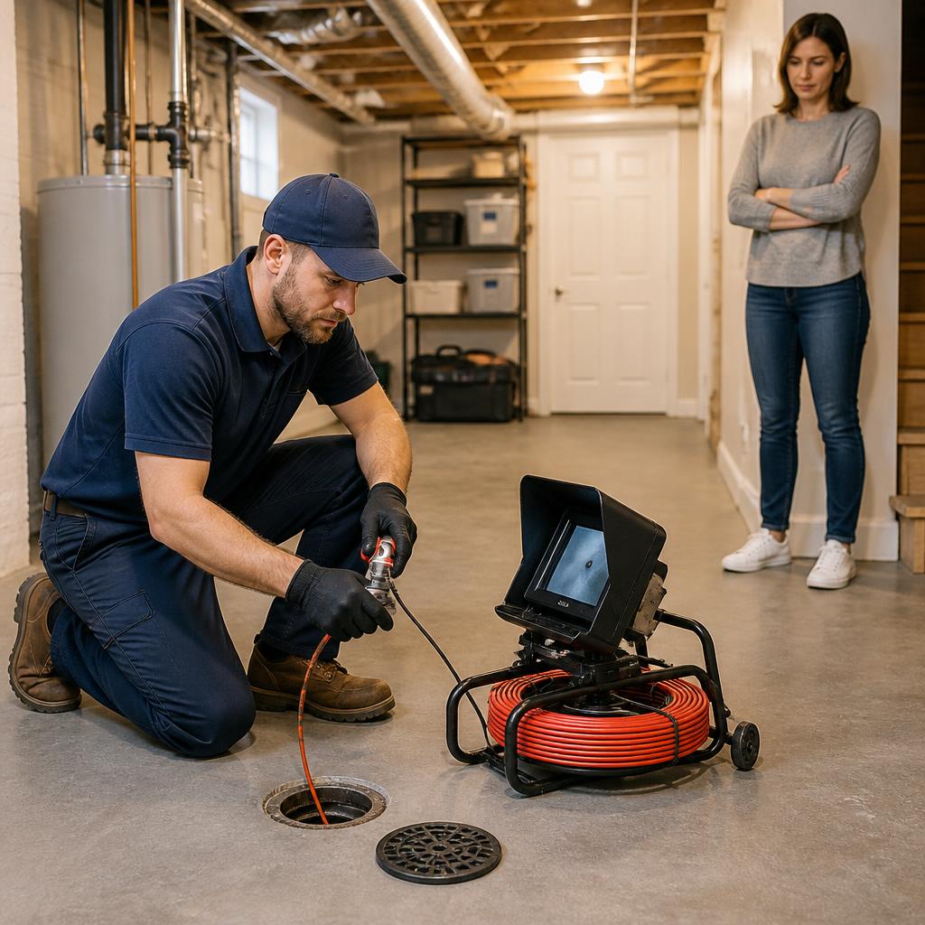Technician preparing a drain camera near an accessible basement cleanout