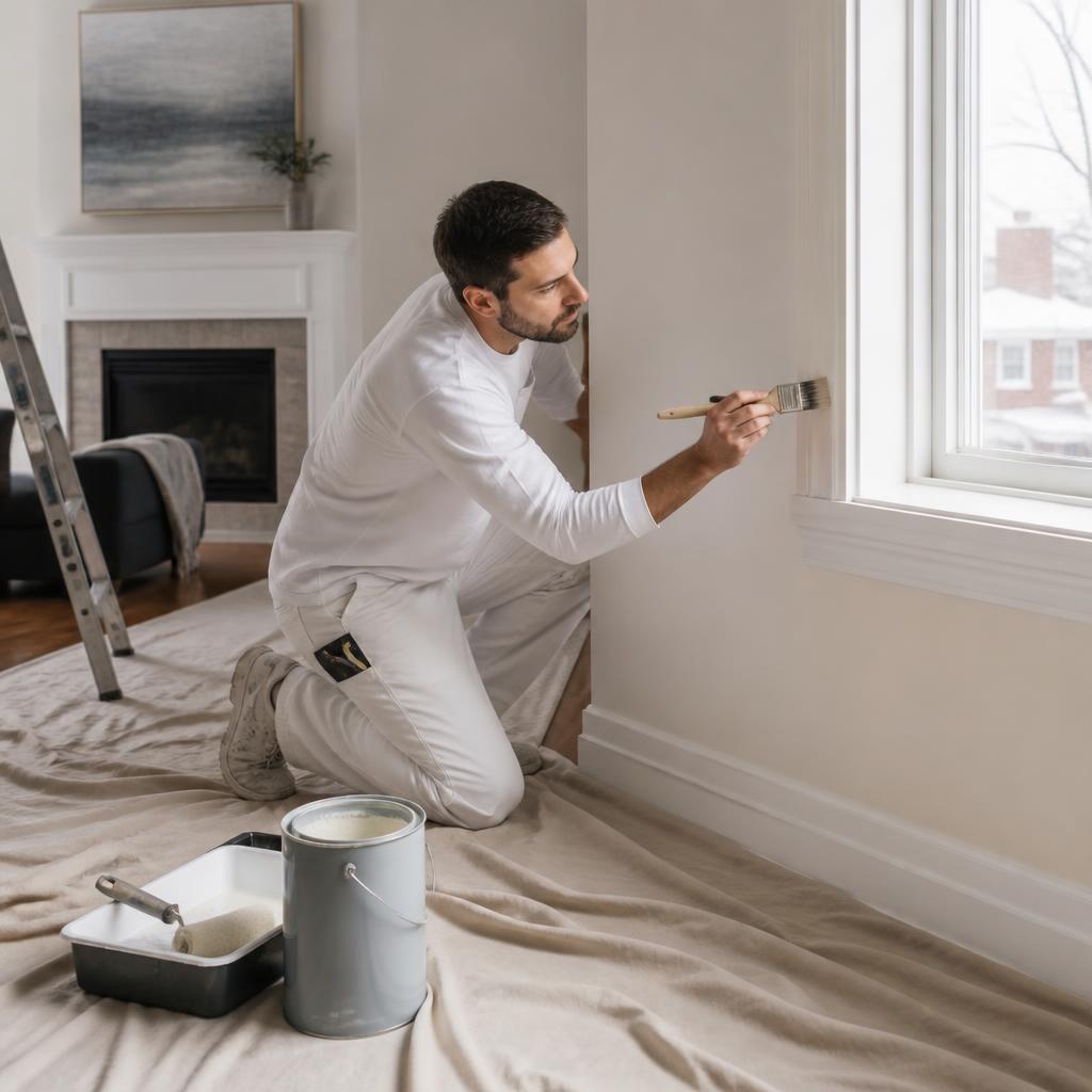 Professional painter carefully cutting in a warm neutral wall beside crisp white trim in an Ottawa home