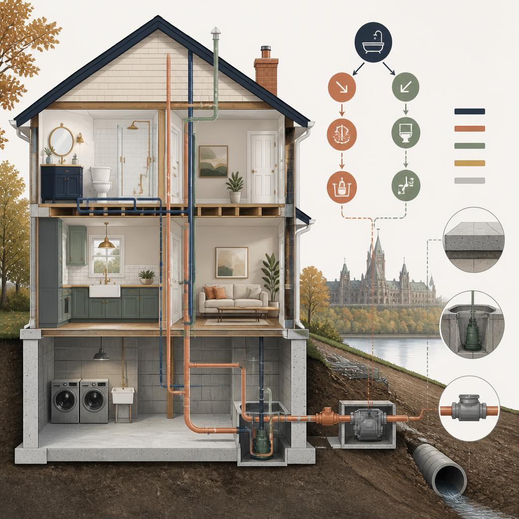 Cutaway illustration showing bathroom plumbing, basement drainage, venting, and protective plumbing components in an Ottawa home