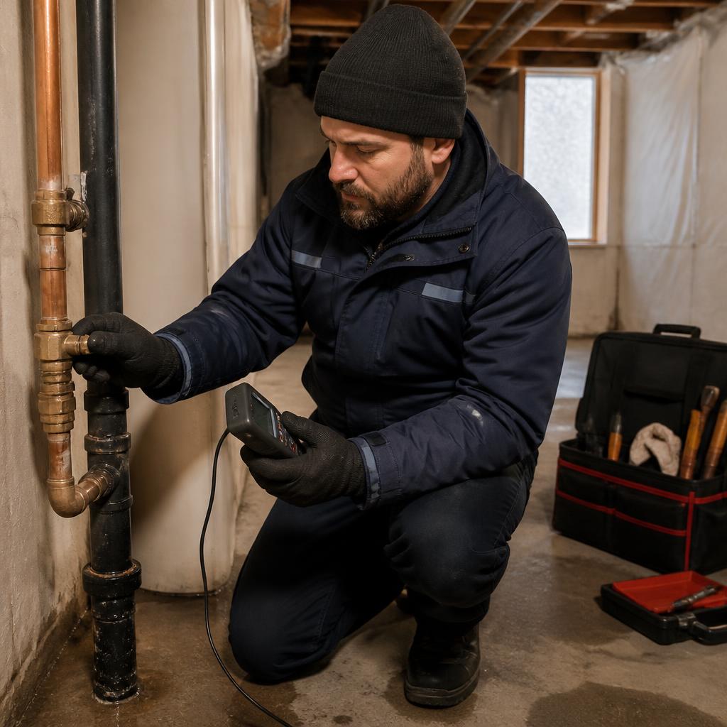 Plumbing technician inspecting a pipe connection in a basement