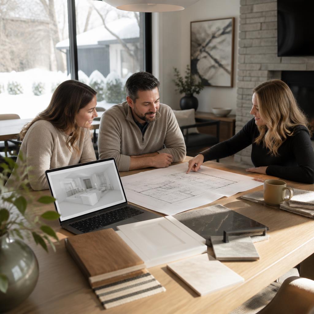 Homeowners and a designer reviewing a renovation plan and material samples