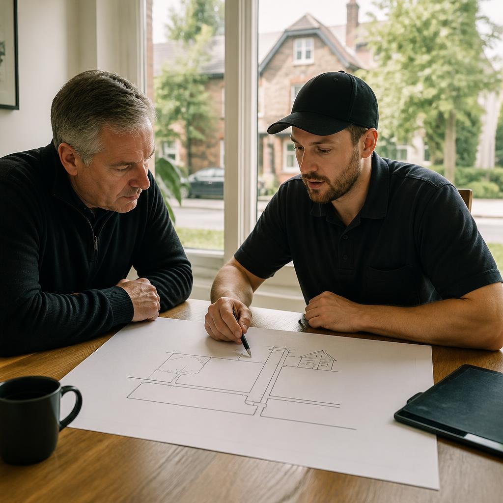 Homeowner and plumbing professional reviewing a sewer lateral diagram