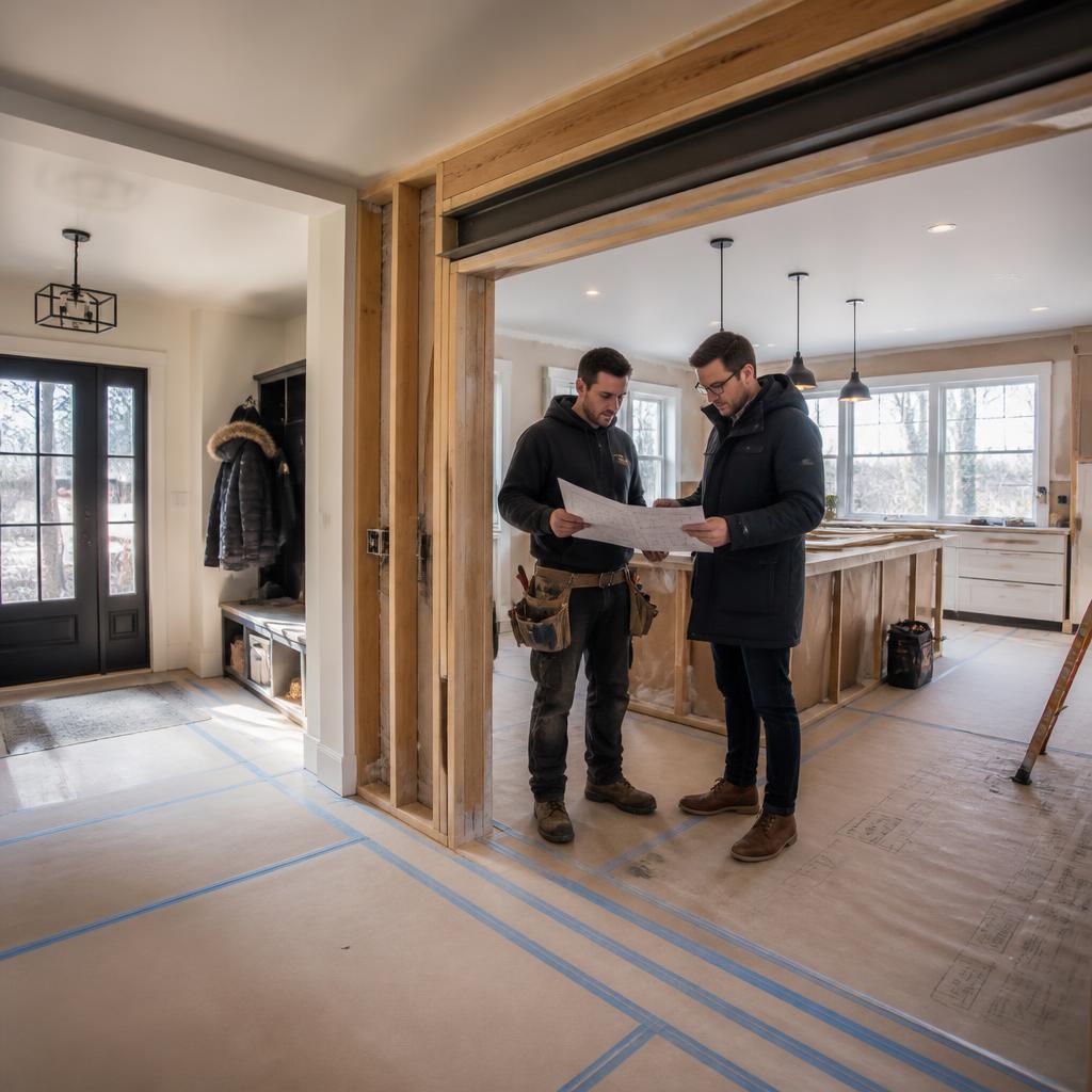 Project manager and tradesperson reviewing a residential renovation plan
