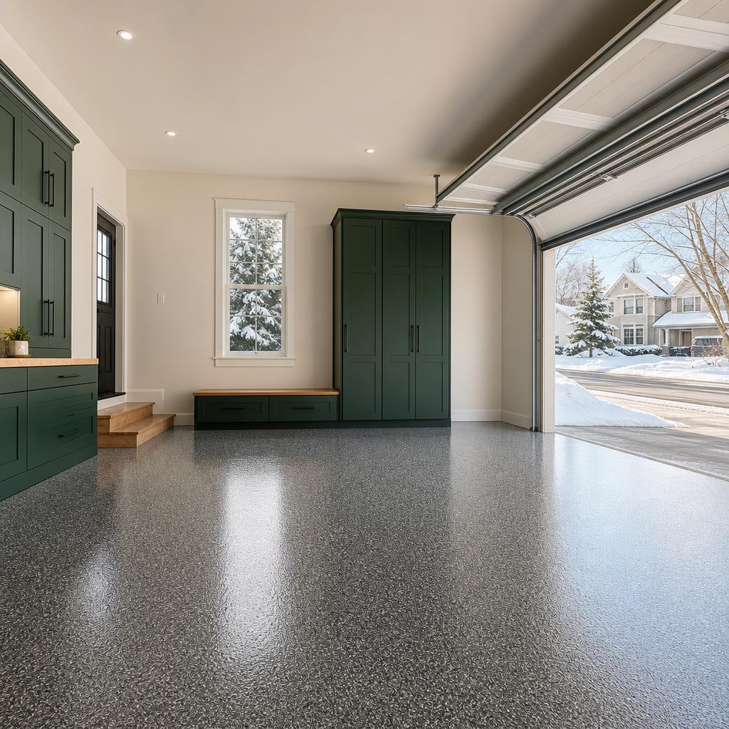 Ottawa residential garage with a charcoal flake epoxy floor, freshly painted walls, and clean cabinetry